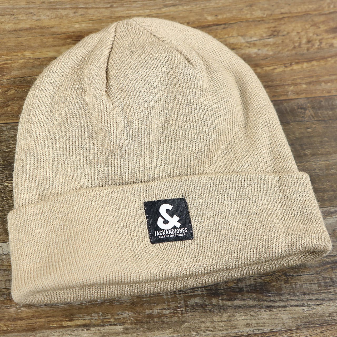 The front of the Jack And Jones Crockery High Cuff Knit Beanie | Tan Knit Beanie