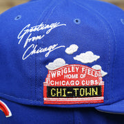 The Wrigley Field Cloud Icon Patch on the Chicago Cubs Wrigley Field Side Patch Gray Bottom 59Fifty Fitted Cap | Royal Blue 59Fifty Cap