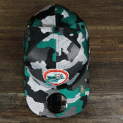 An overhead shot on the Throwback Miami Dolphins OnField NFL Summer Training 2022 39Thirty Camo FlexFit Cap | New Era Turquoise