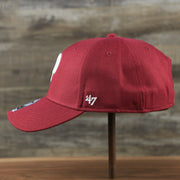 The wearer's left on the Cooperstown Philadelphia Phillies Retro Phillies Logo Gray Bottom Dad Hat | Maroon Dad Hat