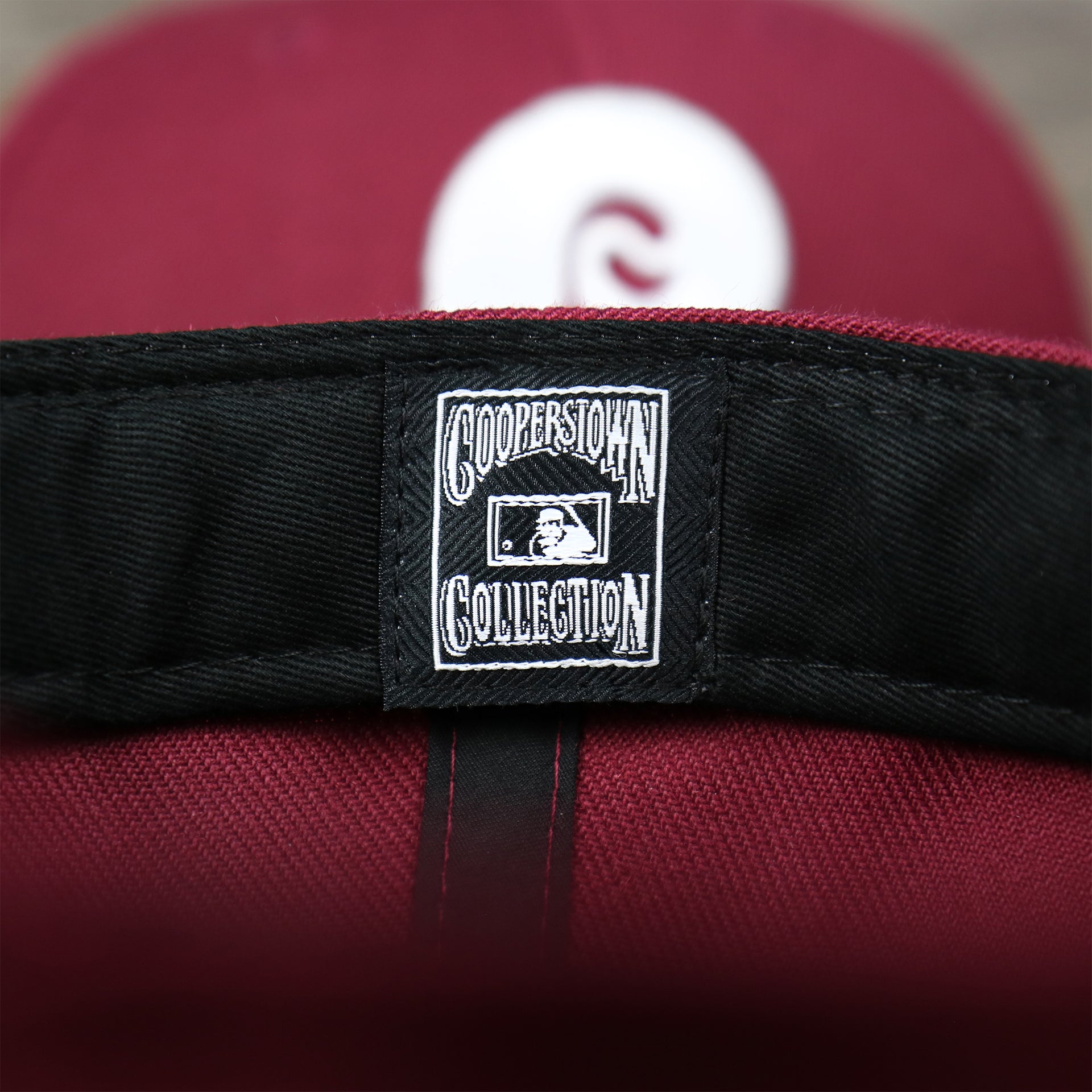 The Cooperstown Collection Tag on the Cooperstown Philadelphia Phillies Retro Phillies Logo Gray Bottom Dad Hat | Maroon Dad Hat