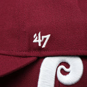 The 47 Brand Logo on the Cooperstown Philadelphia Phillies Retro Phillies Logo Gray Bottom Dad Hat | Maroon Dad Hat