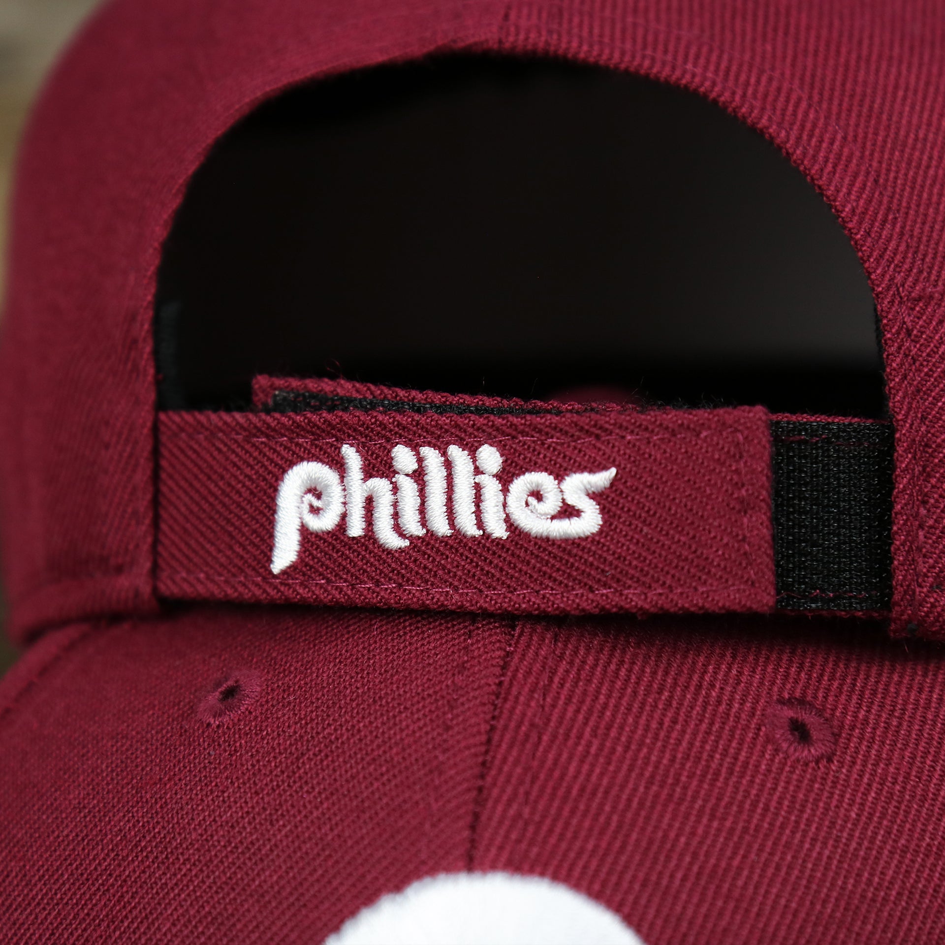 The Phillies Wordmark on the Cooperstown Philadelphia Phillies Retro Phillies Logo Gray Bottom Dad Hat | Maroon Dad Hat