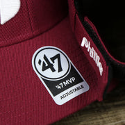 The 47 MVP Sticker on the Cooperstown Philadelphia Phillies Retro Phillies Logo Gray Bottom Dad Hat | Maroon Dad Hat