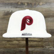 The front of the Cooperstown Philadelphia Phillies Corduroy Snapback Hat | White Corduroy Snap Cap