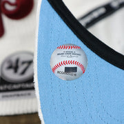 The MLB Baseball Sticker on the Cooperstown Philadelphia Phillies Corduroy Snapback Hat | White Corduroy Snap Cap