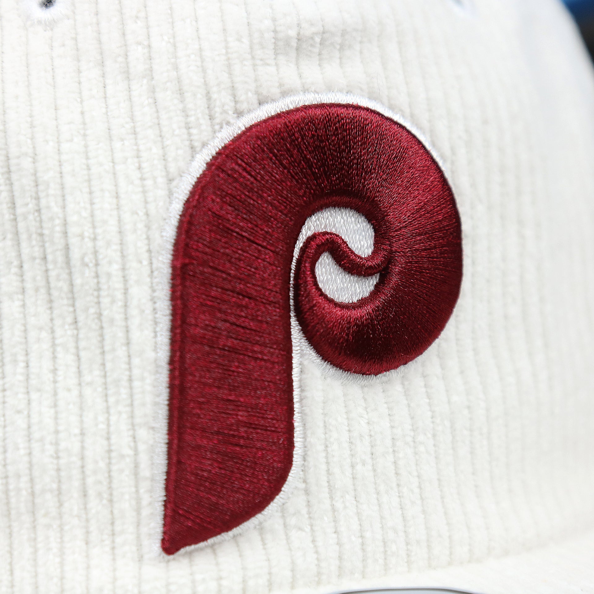 The Cooperstown Phillies Logo on the Cooperstown Philadelphia Phillies Corduroy Snapback Hat | White Corduroy Snap Cap
