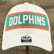 The front of the Throwback Miami Dolphins Striped Wordmark Legacy Dolphins Side Patch Crossroad Dad Hat | Bone Dad Hat