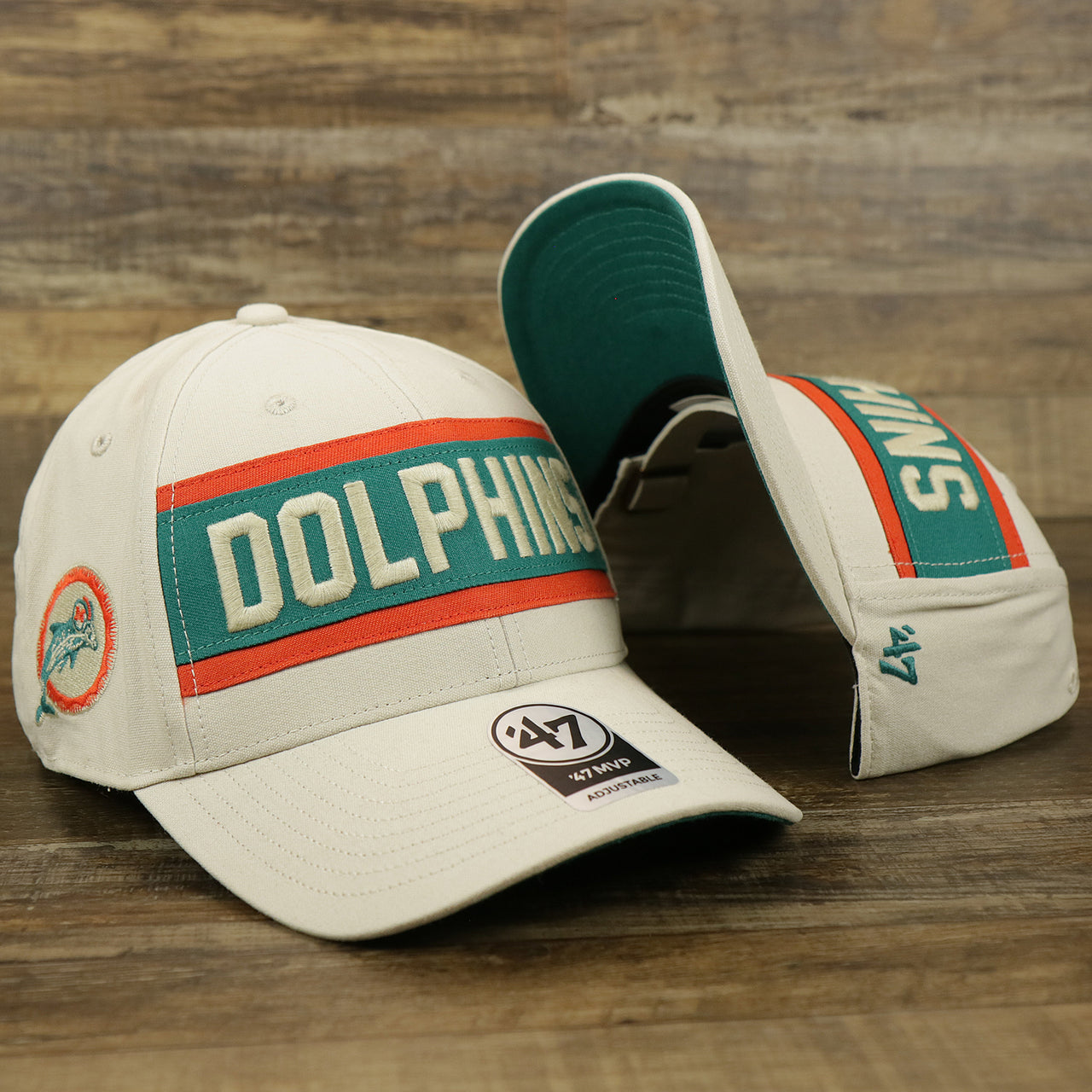 The Throwback Miami Dolphins Striped Wordmark Legacy Dolphins Side Patch Crossroad Dad Hat | Bone Dad Hat