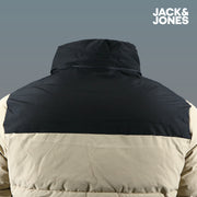 The backside of the Jack And Jones Dune Puffer Jacket With Hidden Pocket | Black and Tan Puffer Jacket without the hood