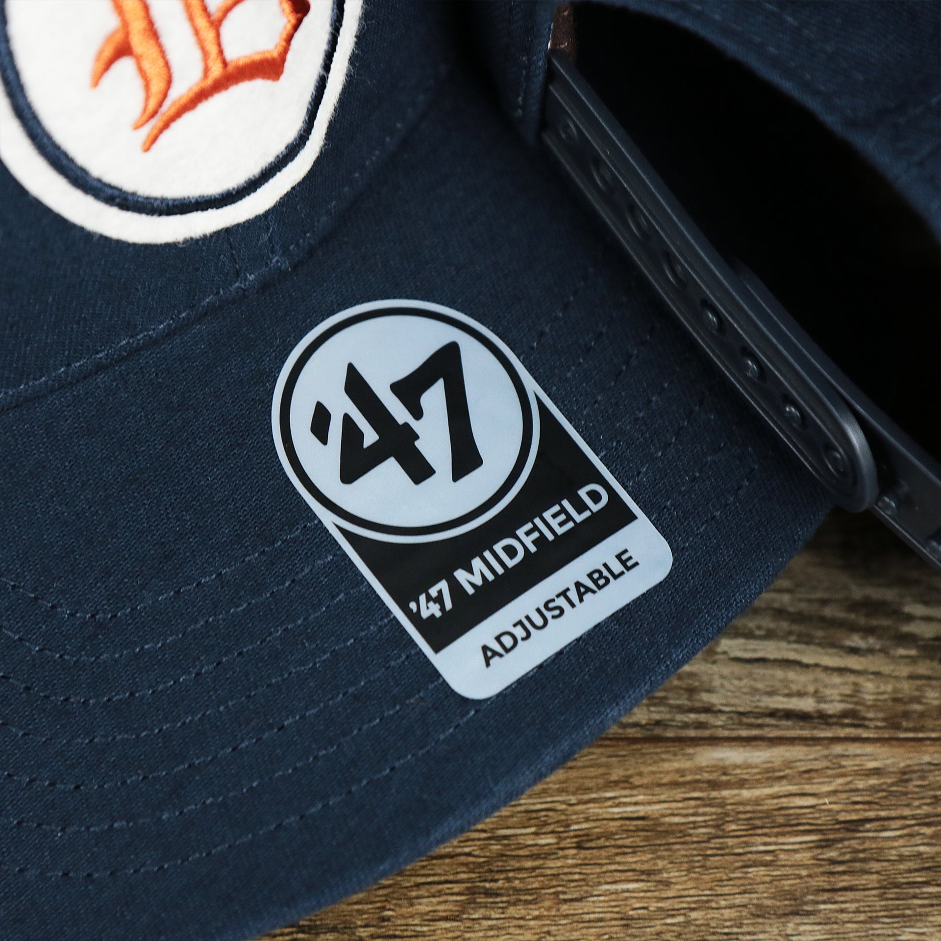 The 47 Midfield Logo on the Cooperstown Detroit Tigers Felt Tigers Logo Snapback Hat | Navy Blue Snapback Cap'