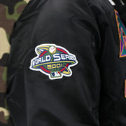 The 2001 World Series Side Patch on the Cooperstown Arizona Diamondbacks MLB Patch Alpha Industries Reversible Bomber Jacket With Camo Liner | Black Bomber Jacket
