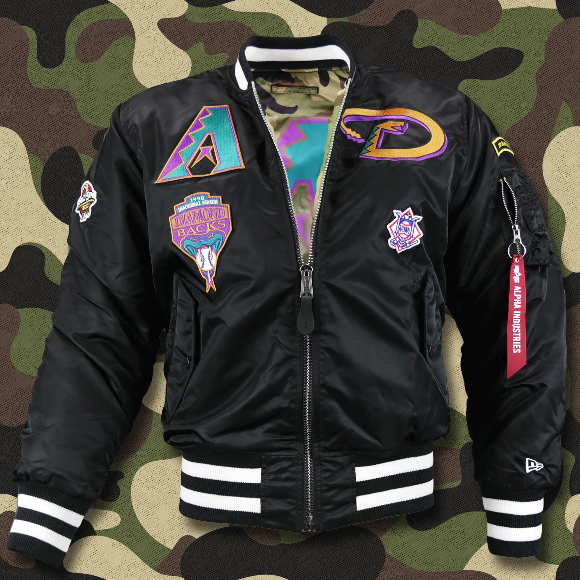 The front of the Cooperstown Arizona Diamondbacks MLB Patch Alpha Industries Reversible Bomber Jacket With Camo Liner | Black Bomber Jacket