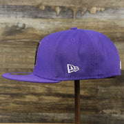 The wearer's left on the Cooperstown Arizona Diamondbacks Pop Sweat Pastel World Series Side Patch Fitted Cap With Pink Undervisor | Purple 59Fifty Cap