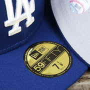 The 59Fifty Sticker on the Los Angeles Dodgers Side Patch Fitted Gray Bottom 59Fifty Cap | Royal Blue 59Fifty