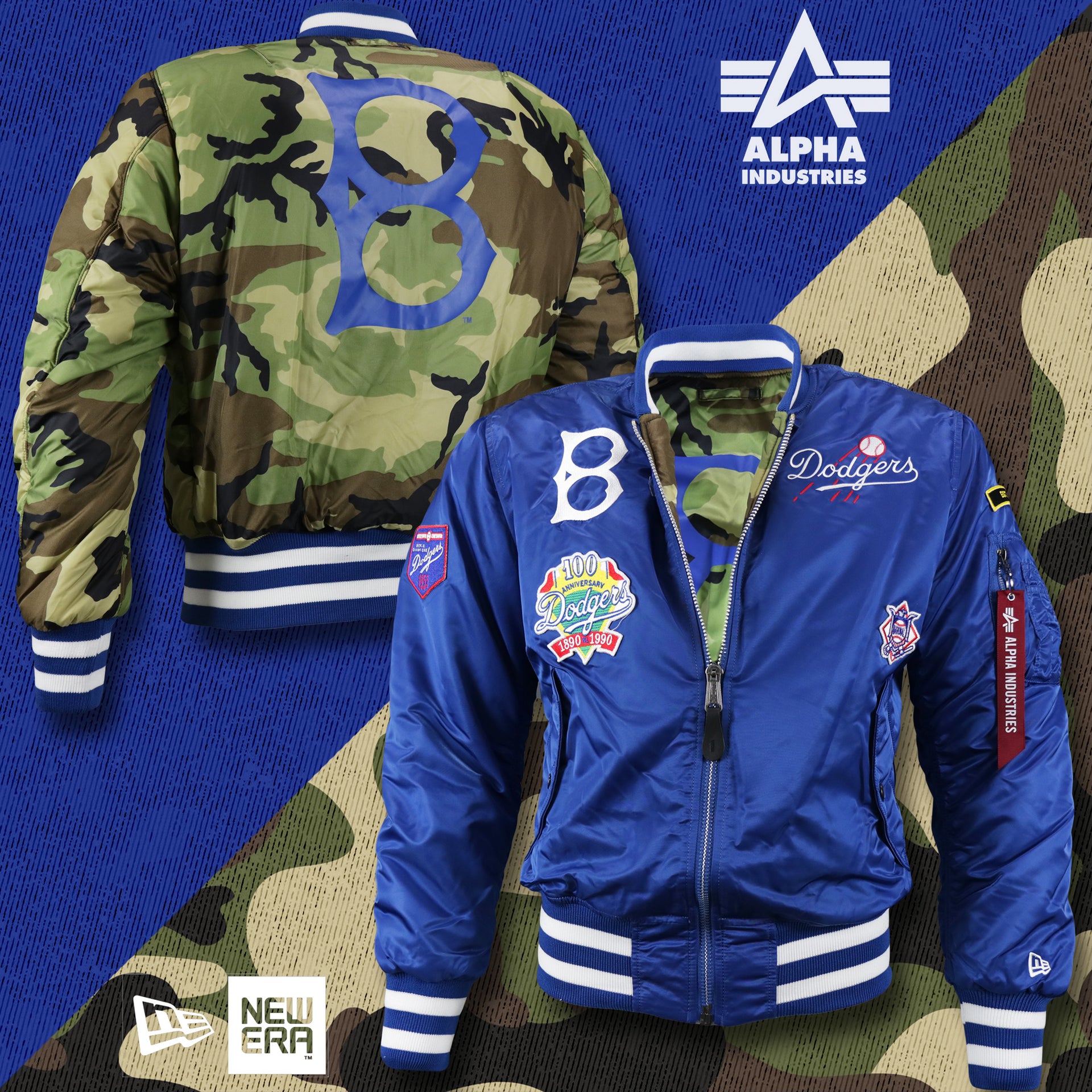 The Cooperstown Brooklyn Dodgers MLB Patch Alpha Industries Reversible Bomber Jacket With Camo Liner | Royal Blue Bomber Jacket