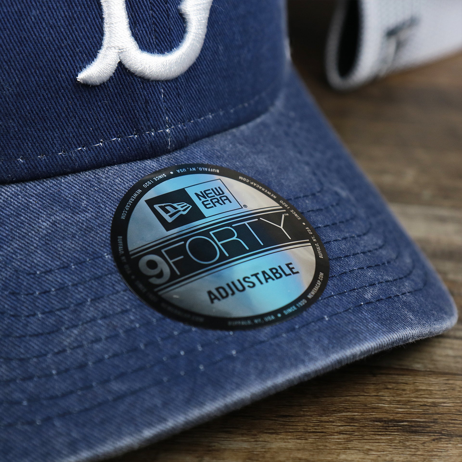 The 9Forty Sticker on the Cooperstown Brooklyn Dodgers 1947s Logo Worn Colorway Mesh Back 9Forty Dad Hat | Royal Blue 9Forty Hat