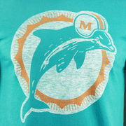 The Dolphins Logo on the Throwback Miami Dolphins Worn Printed 1974 Dolphins Logo Tshirt | Oceanic Teal Tshirt