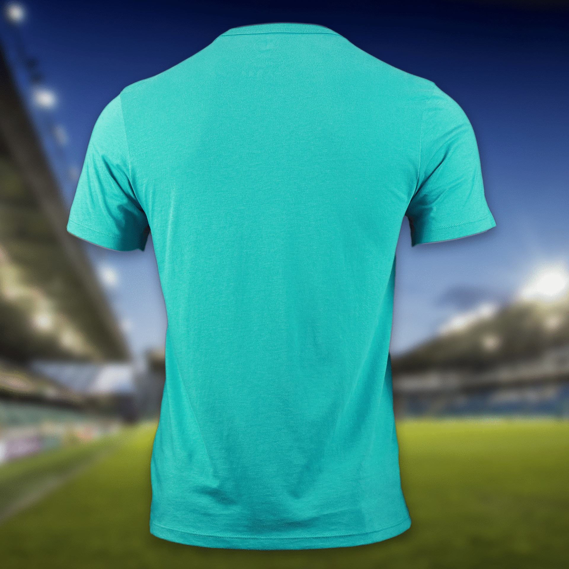 The backside of the Throwback Miami Dolphins Worn Printed 1974 Dolphins Logo Tshirt | Oceanic Teal Tshirt