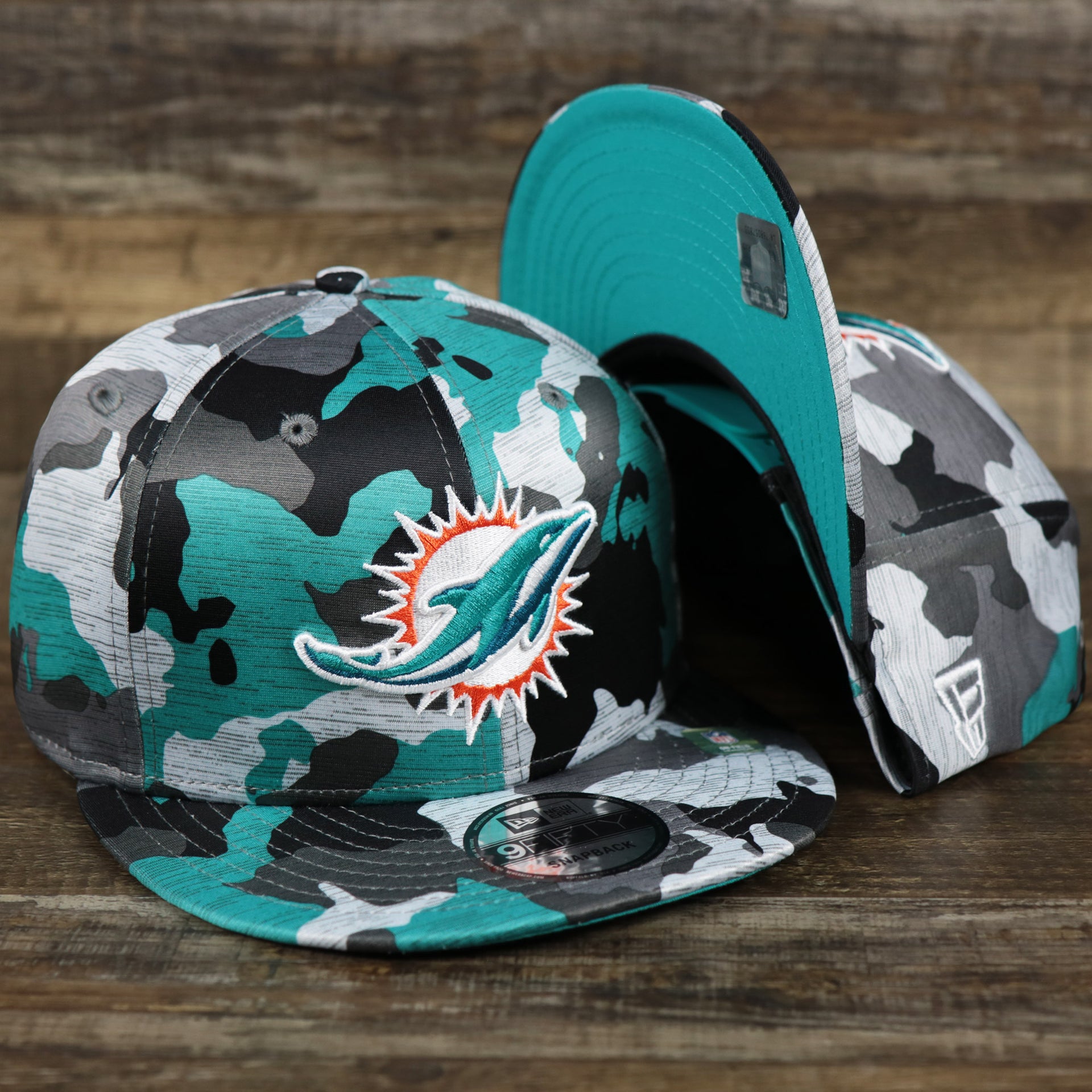 The Miami Dolphins NFL OnField Summer Training 2022 Camo 9Fifty Snapback | Turquoise Camo 9Fifty