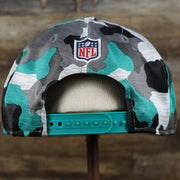 The backside of the Miami Dolphins NFL OnField Summer Training 2022 Camo 9Fifty Snapback | Turquoise Camo 9Fifty
