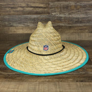 The backside of the Miami Dolphins On Field 2022 Summer Training Straw Hat | New Era OSFM