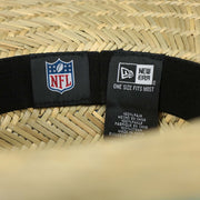 The NFL Tag and the New Era Tag on the Miami Dolphins On Field 2022 Summer Training Straw Hat | New Era OSFM