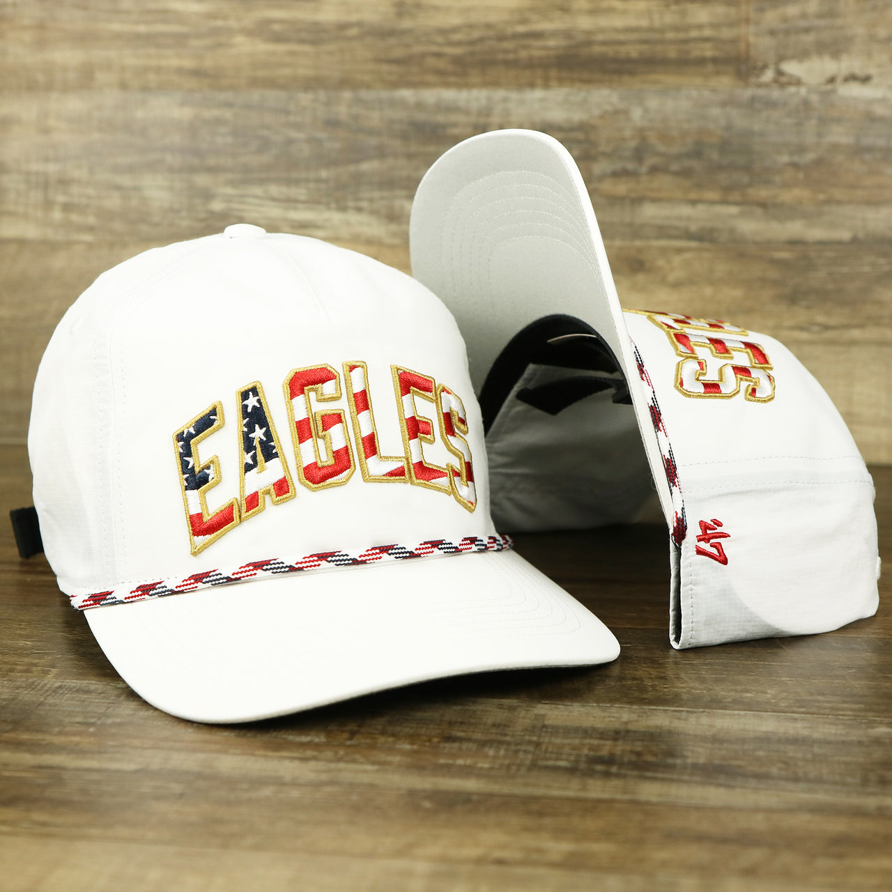 The Philadelphia Eagles Stars and Stripes Wordmark Gray Bottom Dad Hat | White Dad Hat