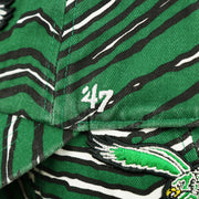 The 47 Brand Logo on the Throwback Philadelphia Eagles Zubaz Striped Pattern Dad Hat | Kelly Green Dad Hat