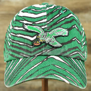 The front of the Throwback Philadelphia Eagles Zubaz Striped Pattern Dad Hat | Kelly Green Dad Hat