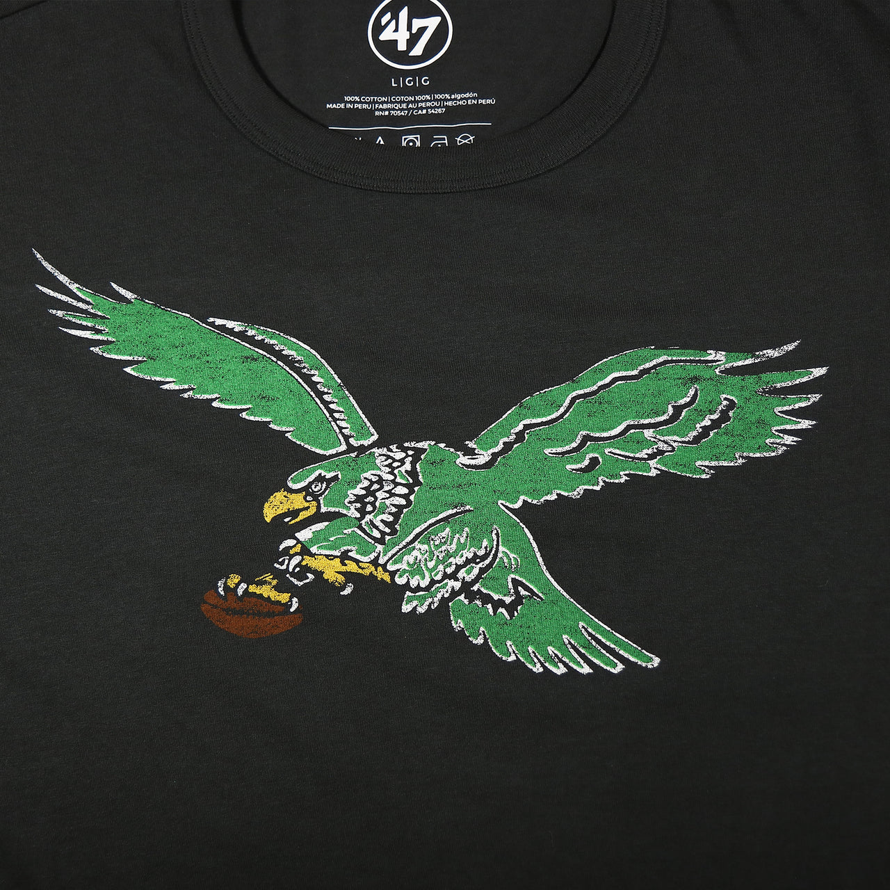 throwback eagles logo on the Philadelphia Eagles Distressed Throwback Kelly Green Bird Logo Flint Black Premium Franklin T-Shirt