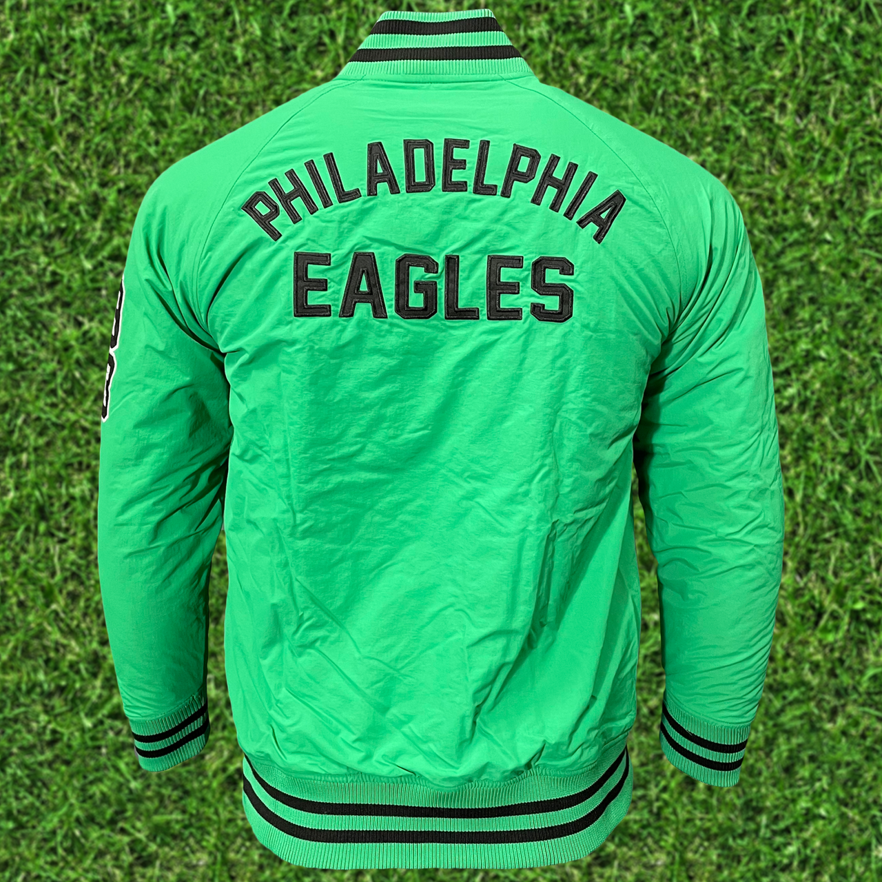 Back of the Philadelphia Eagles Throwback Men’s Vintage Varsity Jacket | Kelly Green