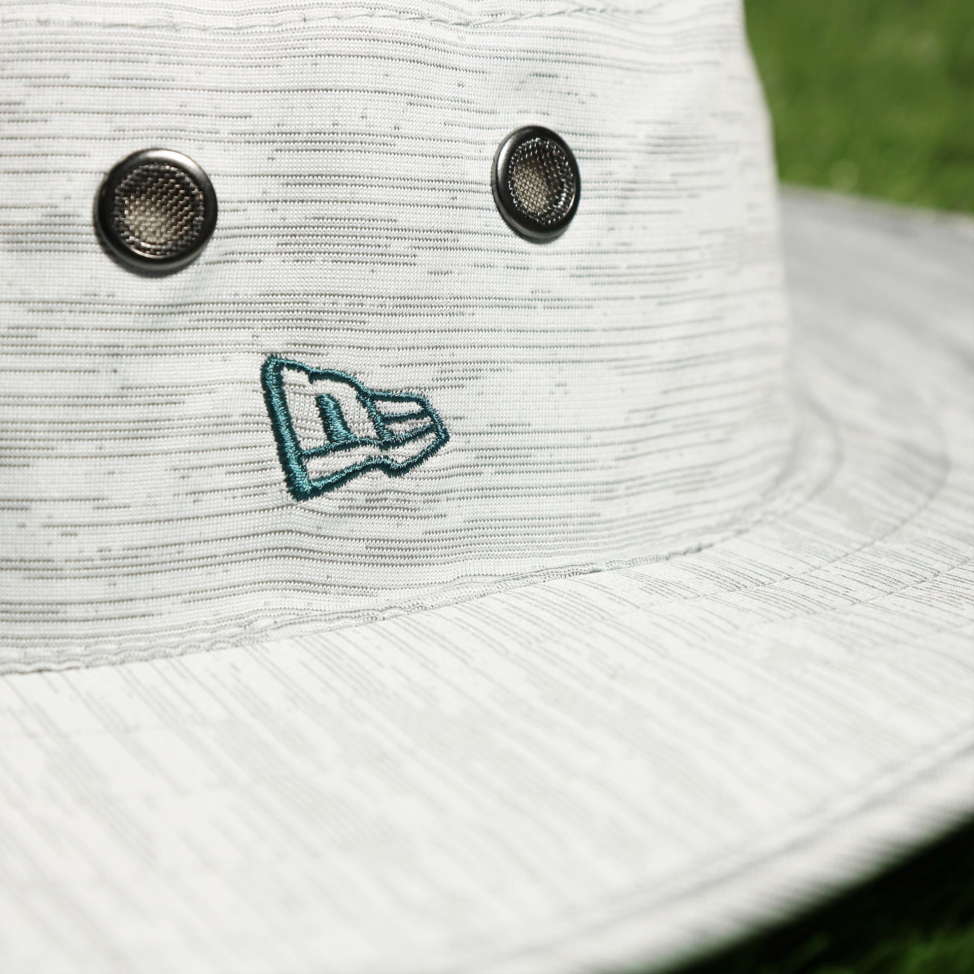 The New Era Logo on the Philadelphia Eagles Summer Training Camp Wide Brim Panama Bucket Hat | Distinct Gray Bucket Hat