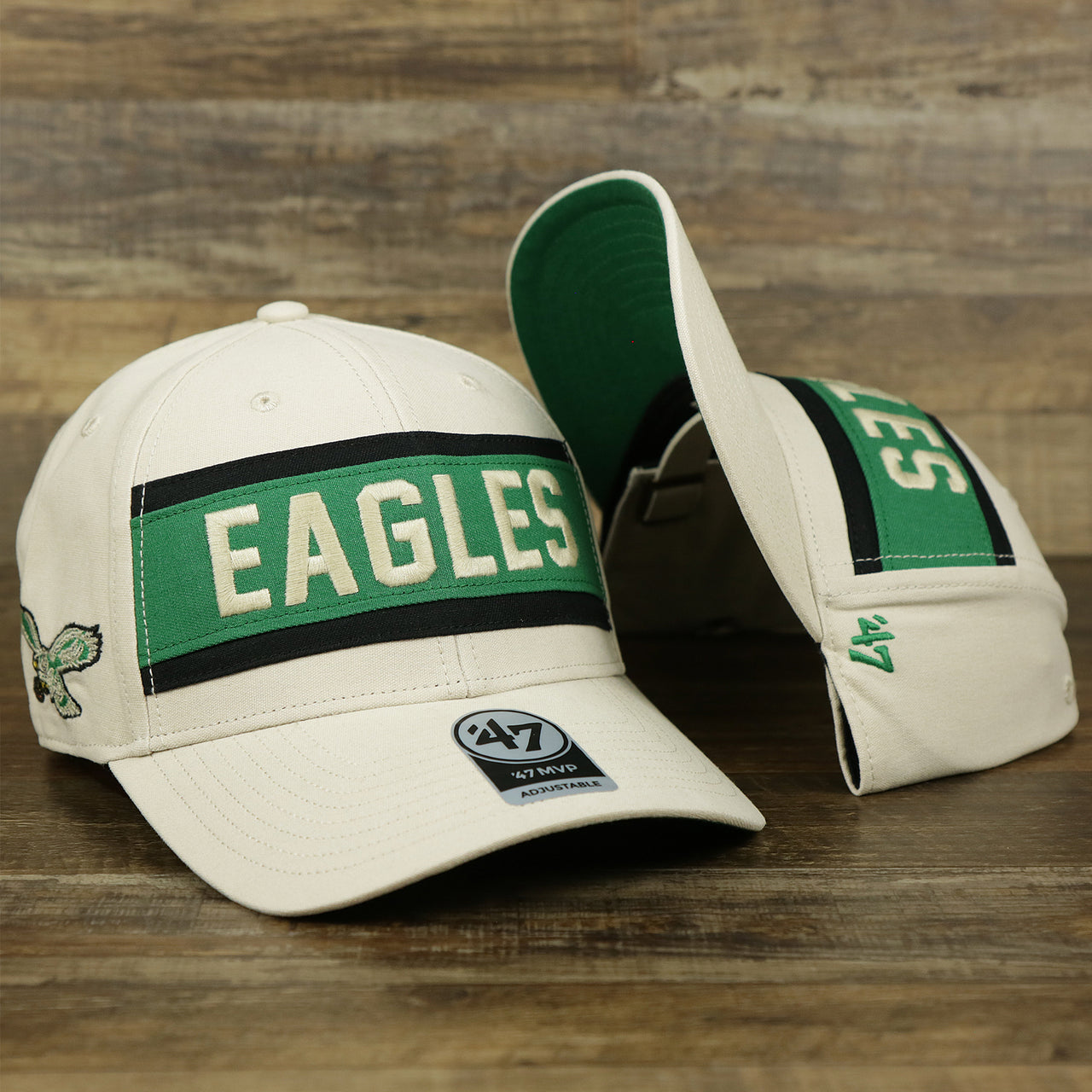 The Throwback Philadelphia Eagles Striped Wordmark Legacy Eagles Side Patch Crossroad Dad Hat | Bone Dad Hat