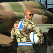 The backside of the liner on the Cooperstown Montreal Expos MLB Patch Alpha Industries Reversible Bomber Jacket With Camo Liner | Royal Blue Bomber Jacket