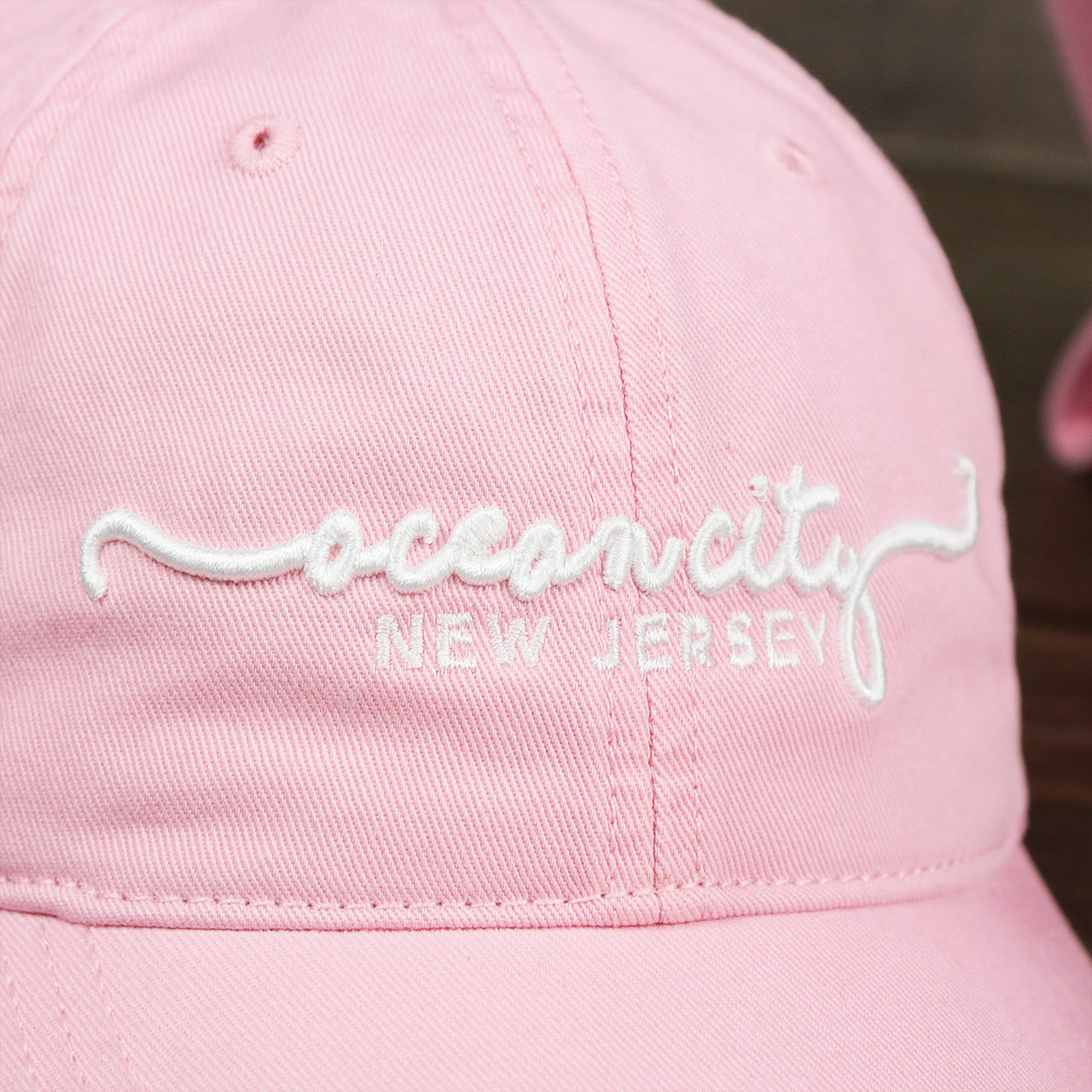OCNJ New Jersey Ocean City Cursive Wordmark Dad Hat | Oxford Pink Dad Hat
