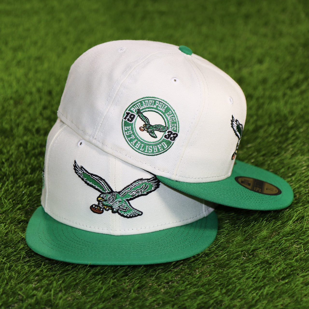 The Throwback Philadelphia Eagles Chrome Logo NFL Eagles SIde Patch 59Fifty Fitted Cap | Cream Fitted Cap with the Throwback Patch