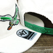 The 47 Brand Sticker on the Throwback Philadelphia Eagles Corduroy Snapback Hat | White Corduroy Snap Cap