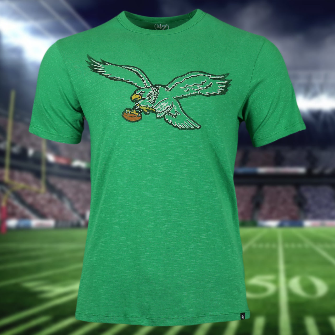 front of the Philadelphia Eagles Distressed Throwback Kelly Green Bird Logo Kelly Green Legacy Grit T-Shirt
