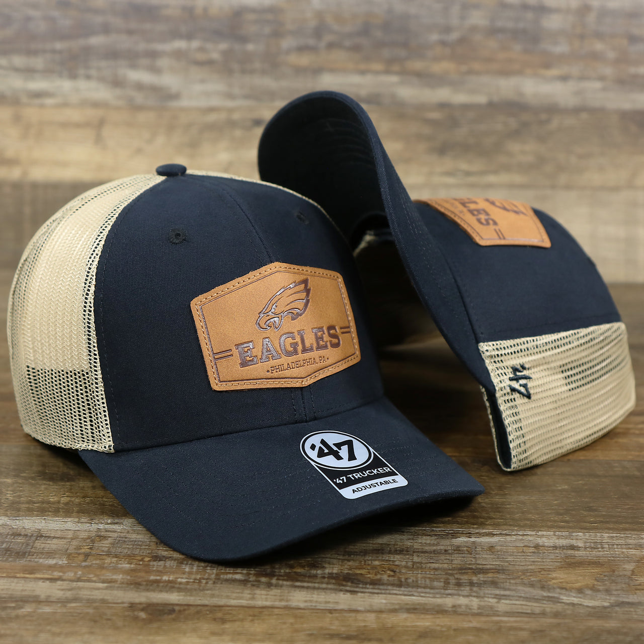 The Philadelphia Eagles Leather Patch Mesh Back Trucker Hat | Black Trucker Hat