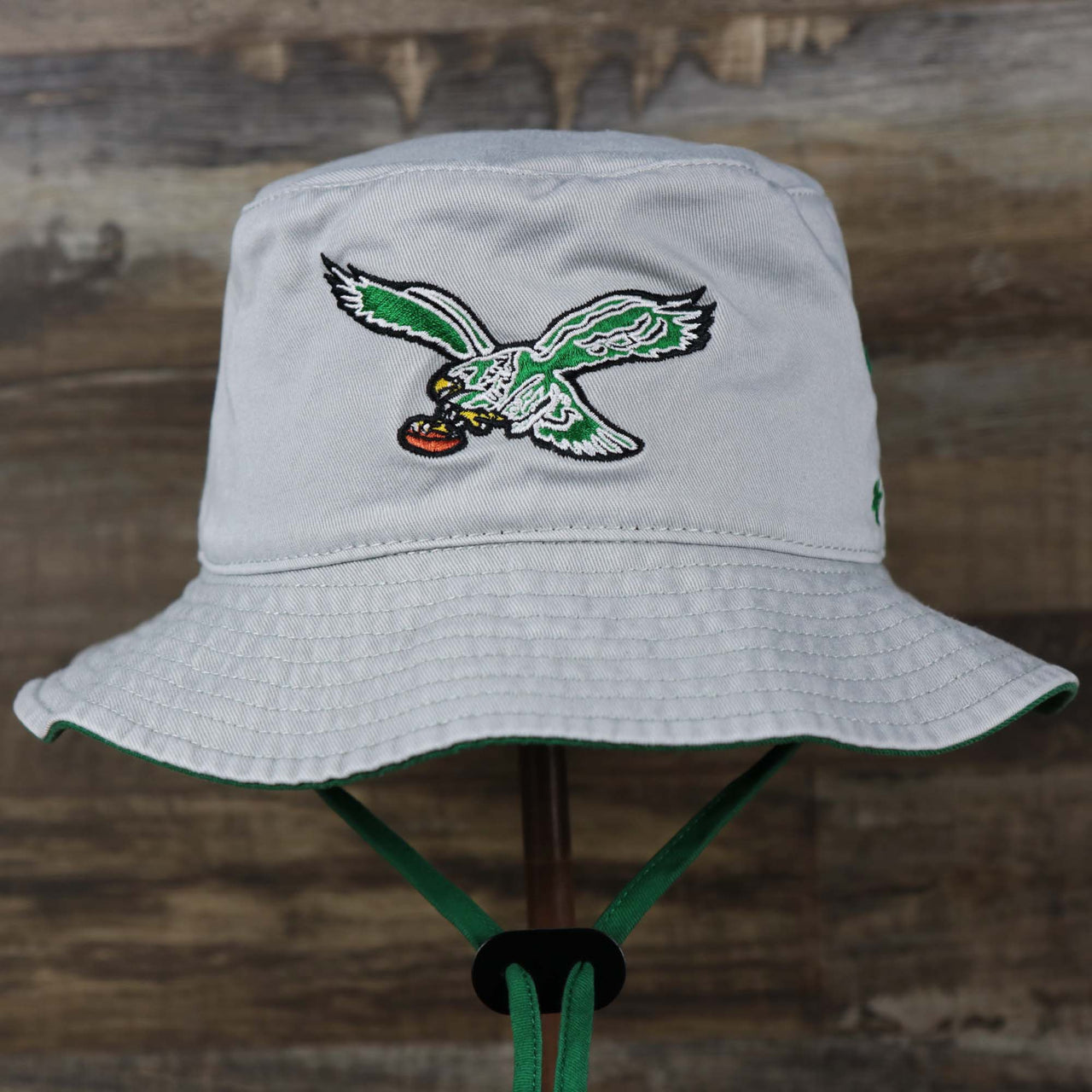 The front of the Throwback Philadelphia Eagles Vintage Bucket Hat | 47 Brand, Gray