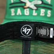 The 47 Brand Tag on the Throwback Philadelphia Eagles Legacy Logo Highpoint Mesh Back Dad Hat | Mesh Back Kelly Green Dad Hat