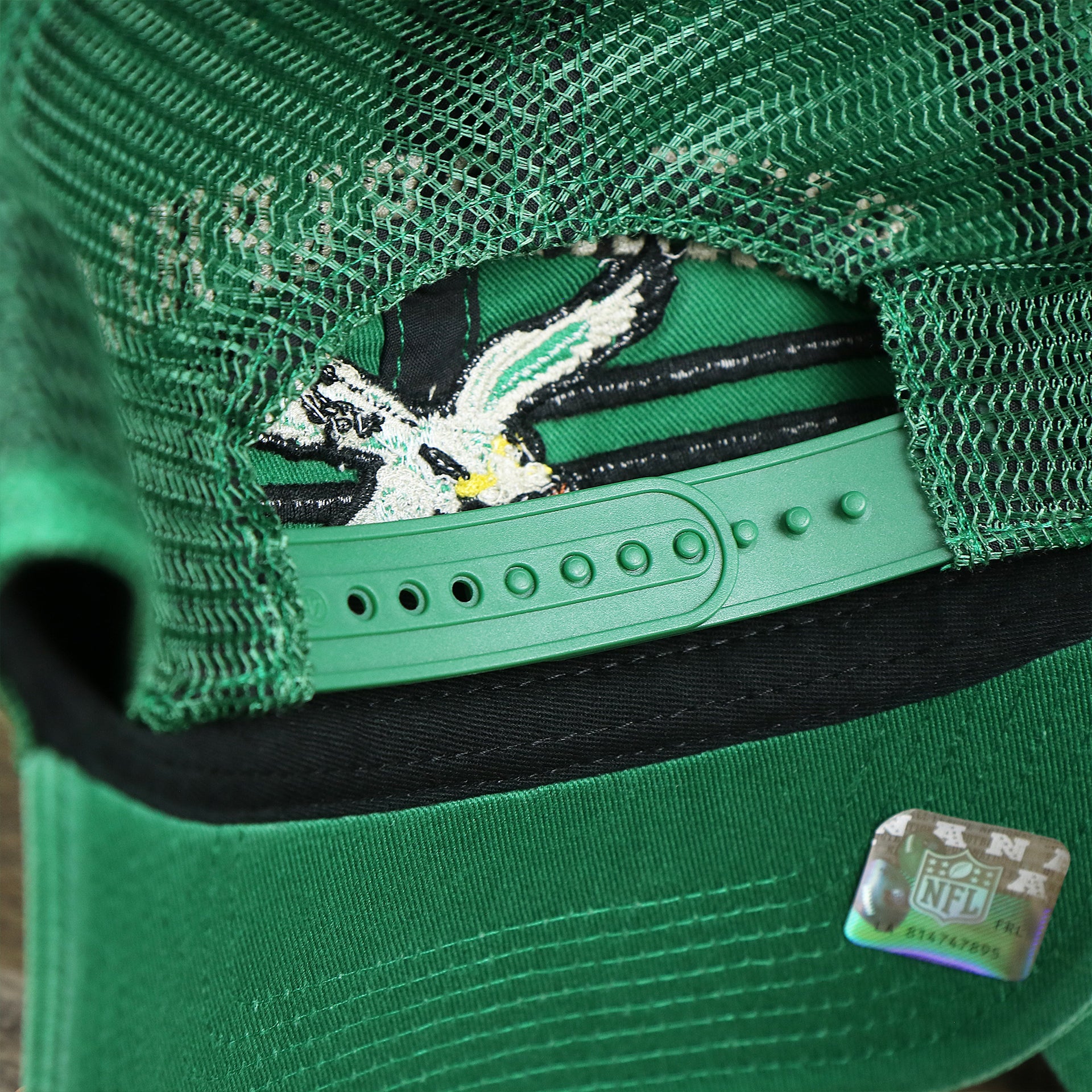 The Kelly Green Strap on the Throwback Philadelphia Eagles Legacy Logo Highpoint Mesh Back Dad Hat | Mesh Back Kelly Green Dad Hat