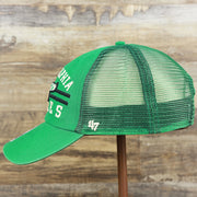 The wearer's left on the Throwback Philadelphia Eagles Legacy Logo Highpoint Mesh Back Dad Hat | Mesh Back Kelly Green Dad Hat