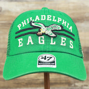 The front of the Throwback Philadelphia Eagles Legacy Logo Highpoint Mesh Back Dad Hat | Mesh Back Kelly Green Dad Hat