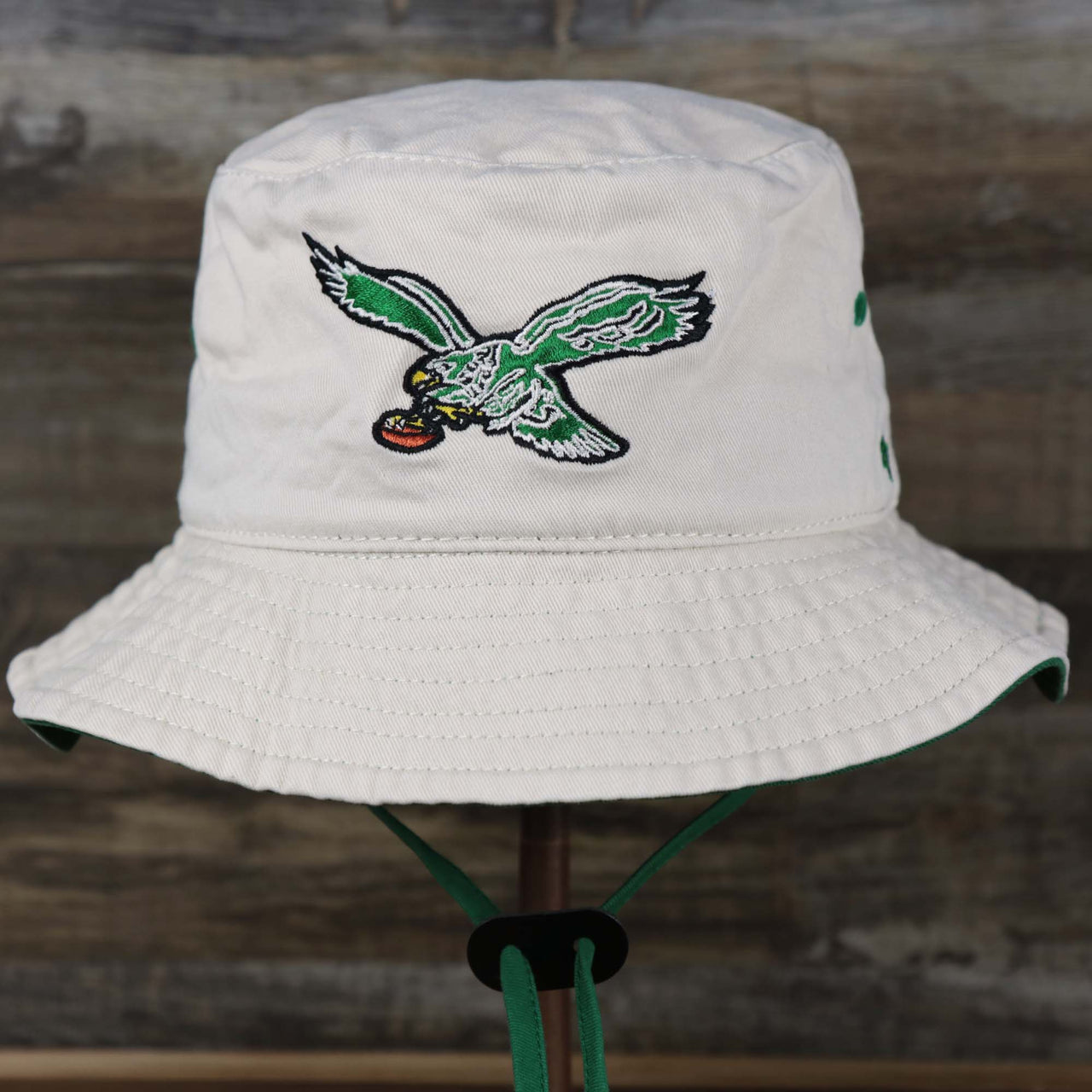The front of the Throwback Philadelphia Eagles Vintage Bucket Hat | 47 Brand, Natural