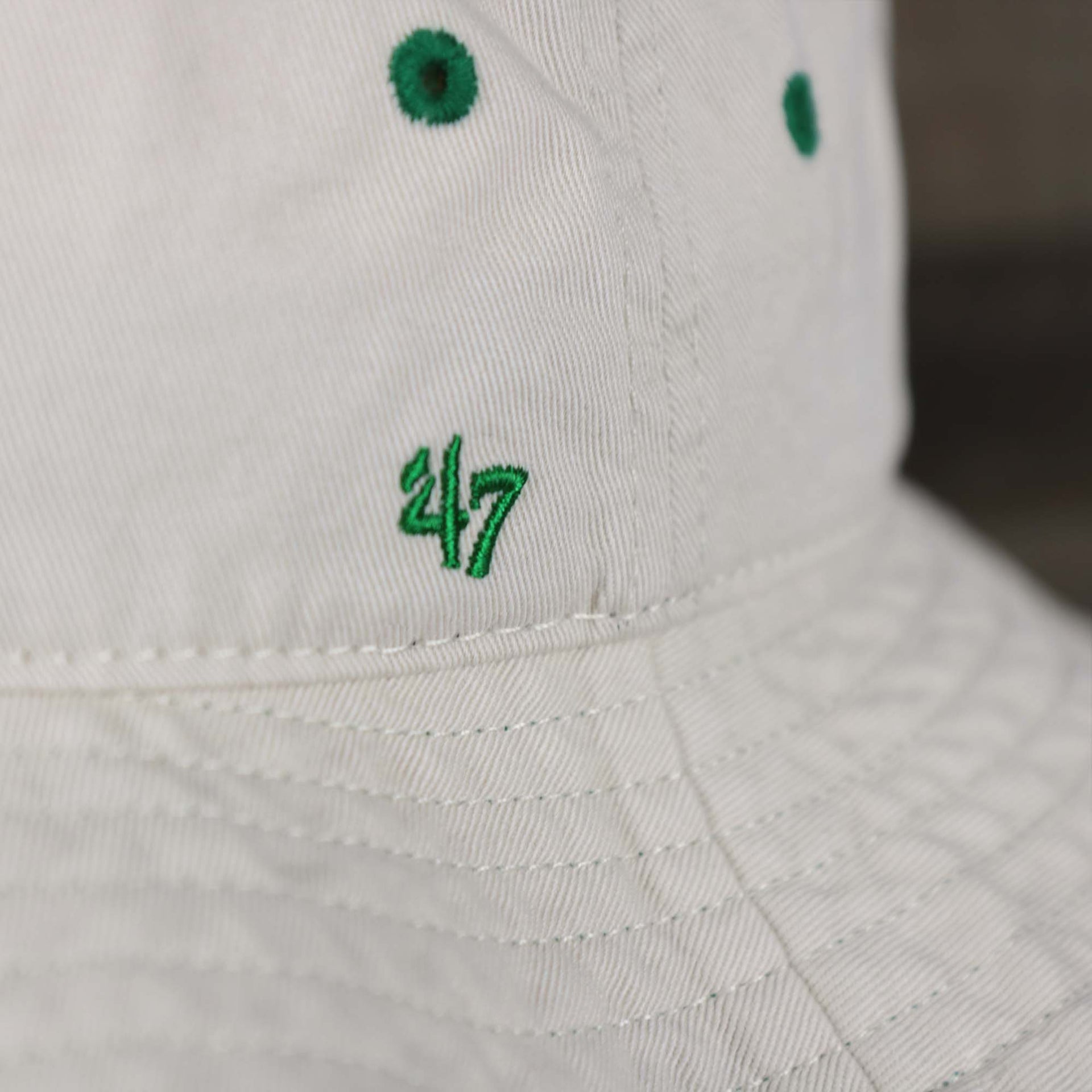 The 47 Brand logo on the Throwback Philadelphia Eagles Vintage Bucket Hat | 47 Brand, Natural