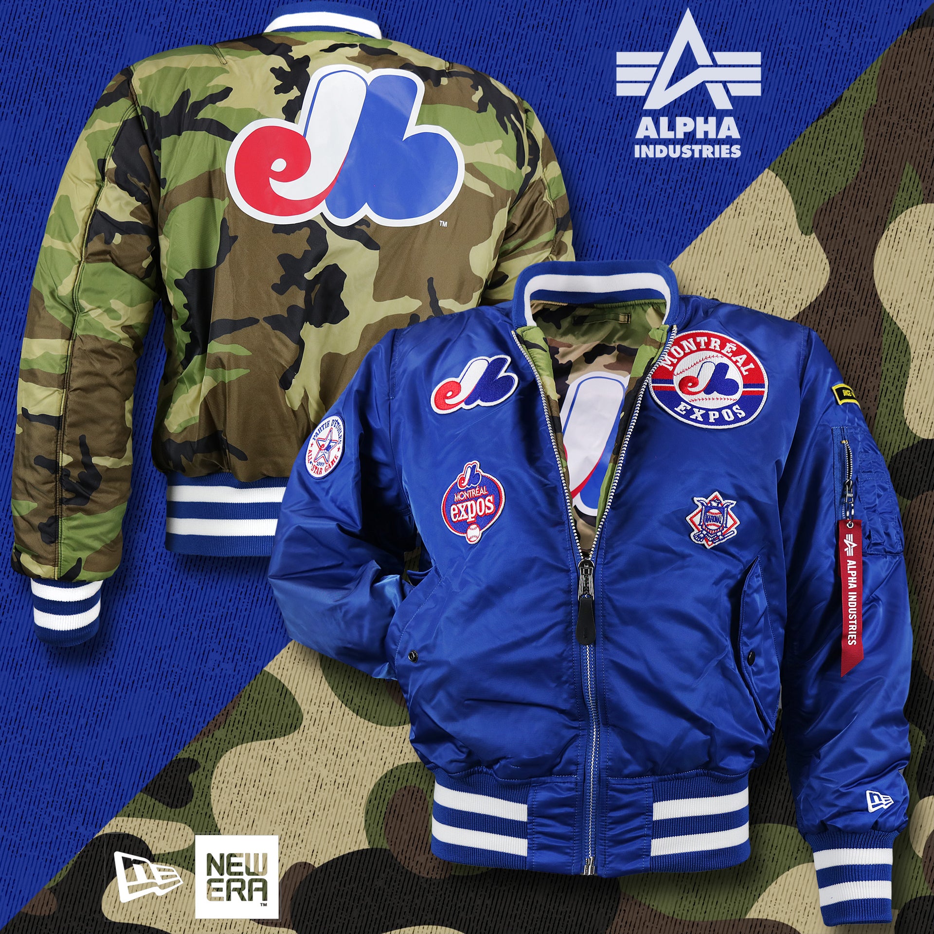 The Cooperstown Montreal Expos MLB Patch Alpha Industries Reversible Bomber Jacket With Camo Liner | Royal Blue Bomber Jacket