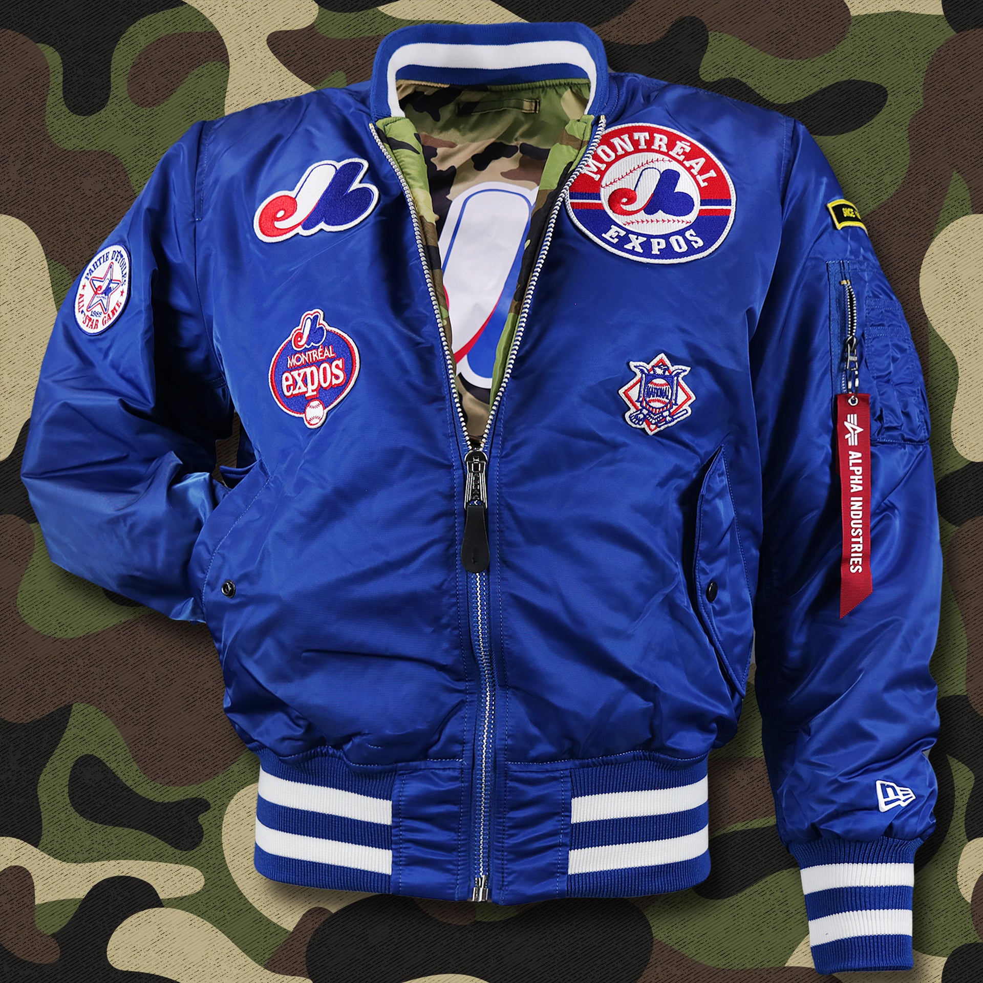 The front of the Cooperstown Montreal Expos MLB Patch Alpha Industries Reversible Bomber Jacket With Camo Liner | Royal Blue Bomber Jacket