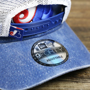 The 9Forty Sticker on the Cooperstown Montreal Expos 1969s Logo Worn Colorway Mesh Back 9Forty Dad Hat | Royal Blue 9Forty Hat